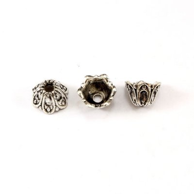 Bead cap, antiqued Silver-finished inchpewterinch #zinc-based alloy, 6x9mm flower, Sold per pkg of 50pcs.