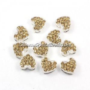 Pave heart beads, alloy, silver, champagen, hole 1.5mm, 6x11x12mm, sold 10pcs
