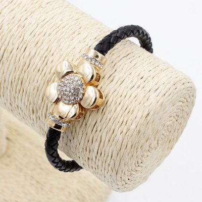 Black Genuine Leather Cord Bracelet, Rose gold Plated flower Magnetic clasp