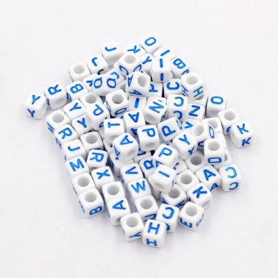 100 Pcs Acrylic Mixed Alphabet Letter Cube Beads hole:3.8mm, 7mm, white and blue letter