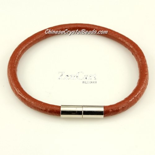 Fashion leather stainless steel Magnetic Bracelet, 5mm round leather, brown, 7.5 inch