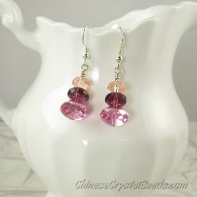 Chinese Crystal Earring handmade, 6mm rosaline+8mm amethyst+10mm pink, sold 1 pair
