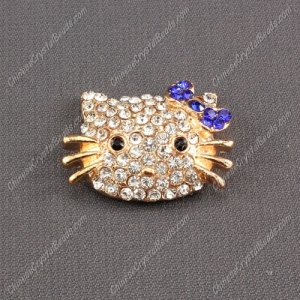 Pave Cat head pendant 20x27mm, 2mm hole, gold plated, sapphire, sold 1pcs