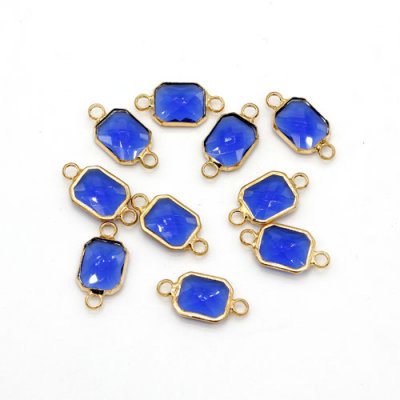 5Pcs 9x17mm sapphire Rectangular Glass crystal Connecter Bezel pendant, Drops Gold Plated two Loops