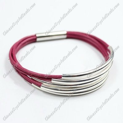 Silver Plated tubes bracelet, Fuchsia leather bracelet, silver plated magnetic clasp