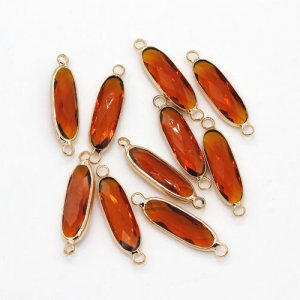5Pcs 7x28mm amber oval Glass crystal Connecter Bezel pendant, Drops Gold Plated two Loops