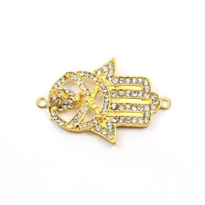 Hand of Fatima pendant, gold-plated brass, 30x44mm, clear rhinestone, Sold individually.