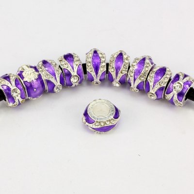 Alloy European Beads, rondelle, 7x14mm, hole:5mm, pave clear crystal, purple painting, silver plated, 1 piece