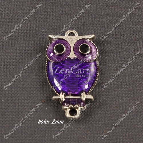 Alloy owl charms, 17x30mm,old silver plated, purple, sold 1 piece