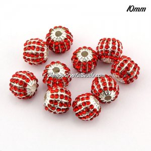 alloy pave disco beads, 10mm, 1.5mm hole, 60 crystal stone, red, sold 10 pcs