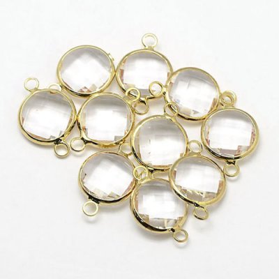 5Pcs clear Round Glass crystal Connecter Bezel , 20x13mm, Drops with a Smooth Gold Plated Bezel