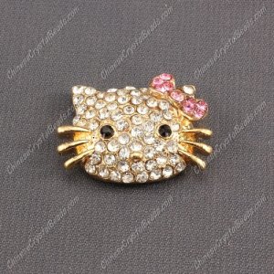 Pave Cat head pendant gold plated 20x27mm, pink bow, sold 1pcs