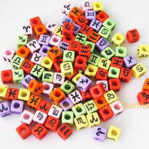 100Pcs Mixed Constellation Cube Acrylic Beads, 7mm, hole: 3.8mm, Mix color