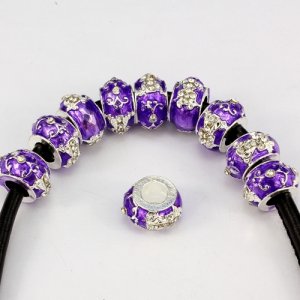Alloy European Beads, cross, 8x13mm, hole:6mm, pave clear crystal, purple painting, silver plated, 1 piece