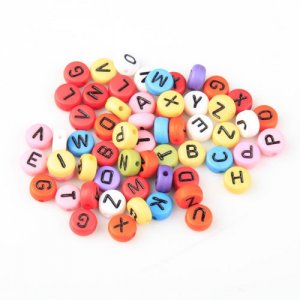 100Pcs Mixed Acrylic Flat Round Disc Alphabet Letter Spacer Beads 7x4mm, multi and black color letter