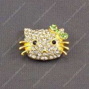 Pave Cat head pendant 20x27mm, 2mm hole, gold plated, green, sold 1pcs