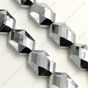 10Pcs Faceted Polygon Hexagon Glass Crystal, silver, hole:1.5mm