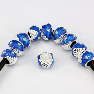 Alloy European Beads, rondelle, 9x13mm, hole:6mm, pave clear crystal, blue painting, silver plated, 1 piece