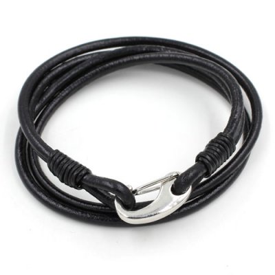 Carabiner Clasp Bracelet, 3mm round leather, silver clasp, 4-Coil black leather Bracelet
