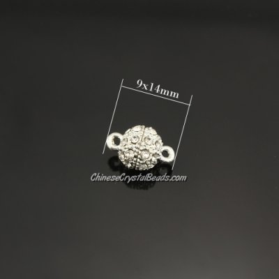 Pave Magnetic Clasps ball, 9x14mm, hole:1.5mm, silver, 10 pcs