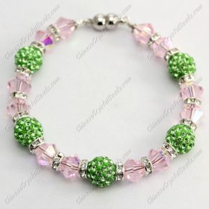 Magnetic Clasps bracelet pink AB bicone beads and Green clay pave beads, 7inch length
