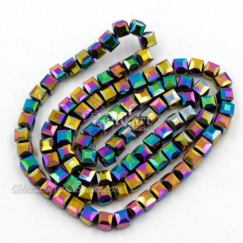95Pcs 4mm Cube Crystal Beads, rainbow light
