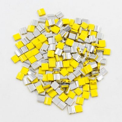 Chinese 5mm Tila Square Bead opaque yellow half silver about 100Pcs