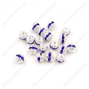 50 pcs 6mm blue Rhinestone round ball bead,spacer bead,crystal bead,copper,metal, hole:1mm