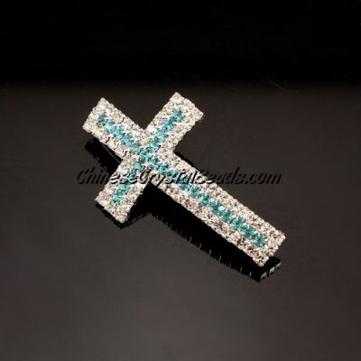 Crystal Claw chains cross, 24x40, center aqua, silver, hole 3mm, sold 1pcs