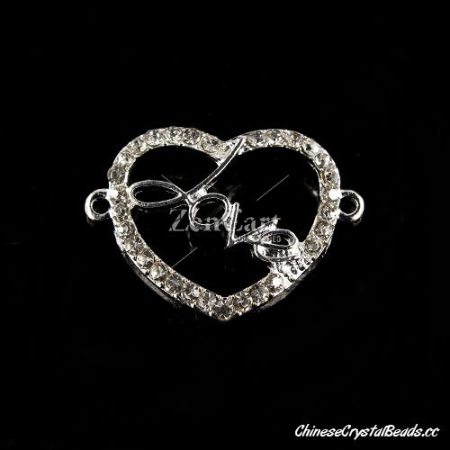 Pave love heart charms, silver pated brass, connector link fit braided bracelet DIY finding, sold 1 pcs
