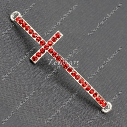 Pave cross Charms, alloy silver plated, 14x50mm, hole: 2mm, red, 1pcs