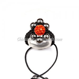 Pave flower ring, 6mm hematite beads and 8mm pave beads, orange