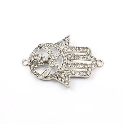 Hand of Fatima pendant, antiqued silver-plated brass, 30x44mm, clear rhinestone, Sold individually.