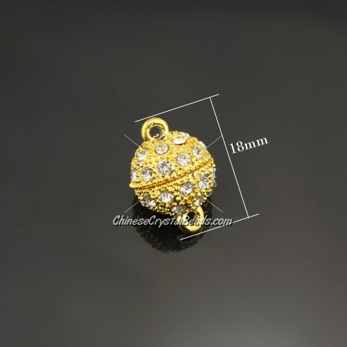 Pave Magnetic Clasps ball, 13x18mm, hole:1.5mm, gold, 10 pcs