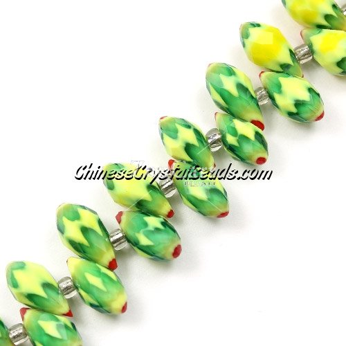 Millefiori Crystal Briolette bead strand, green/yellow/red, 6x12mm, 20 beads