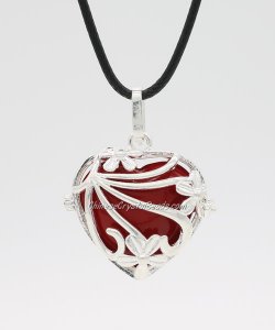 flower heart shape harmony ball necklace Mexican bola ball angel caller, silver plated brass, 1pc