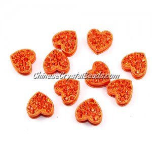 Pave heart beads, alloy, orange, hole 1.5mm, 6x11x12mm, sold 10pcs