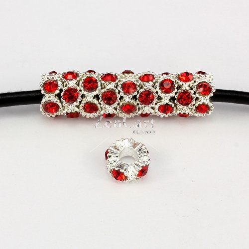 Alloy European Beads, flower, 5x13mm, hole:5mm, pave red crystal, silver plated, 1 piece
