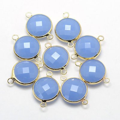 5Pcs blue jade Round Glass crystal Connecter Bezel pendant, 20x13mm, Drops Gold Plated Two Loops