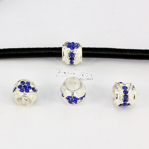 Alloy European Beads, #001, 11x9mm, hole:6mm, pave blue crystal, silver plated, 1 piece