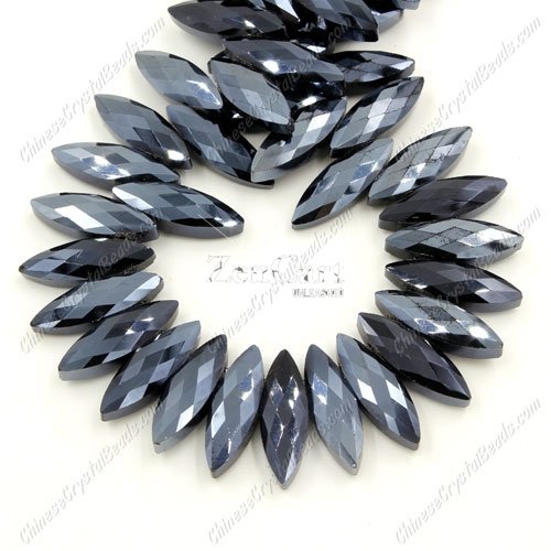 Leaf crystal beads, 7x22mm, gun metal, 10 beads