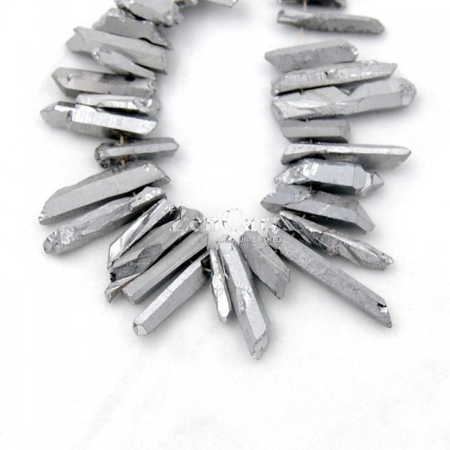 metalic silver Natural Quartz Crystal Druzy Freeform Stick Titanium Coated Loose Beads 38cm