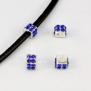 Alloy European Beads, square, 6x10mm, hole:5mm, pave blue crystal, silver plated, 1 piece