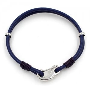 Carabiner Clasp Bracelet, 2.5mm round leather, silver clasp, 2-Coil blue leather Bracelet