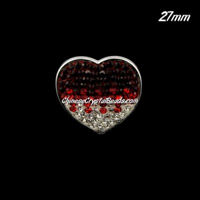 CCB bottom clay Pave heart coin beads, have 2 hole, 27mm, red, 1pcs