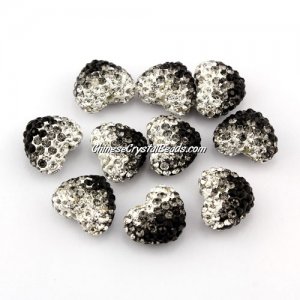 Pave heart beads, clay, 13x15mm, 1.5mm hole, black gradient, 1pcs