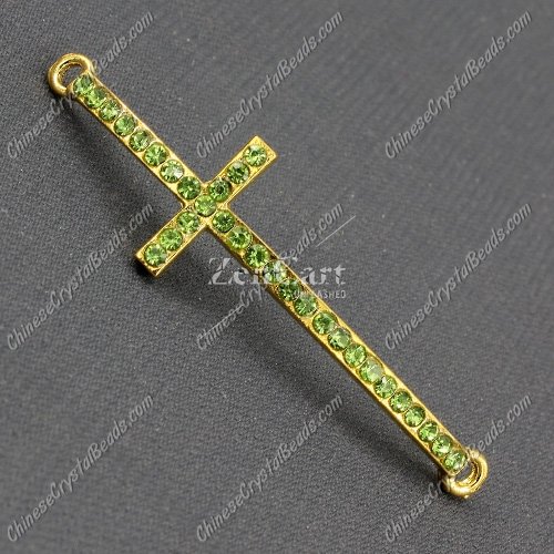 Pave cross Charms, alloy gold-plated, 14x50mm, hole: 2mm, olivine, 1pcs