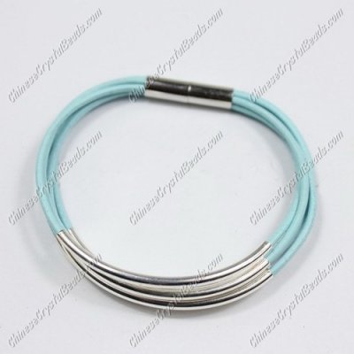 Silver Plated tubes bracelet, aqua leather bracelet, silver plated magnetic clasp