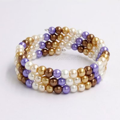 Memory Wire Bracelet, 6mm glass pearl beads, #008