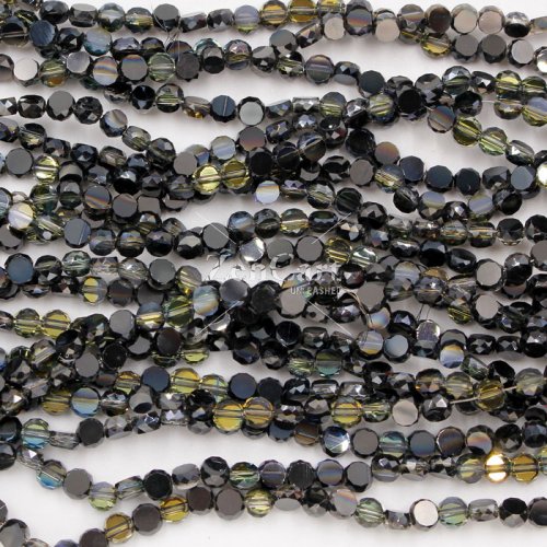 4mm flat round glass crystal beads, black II, about 140-150pcs